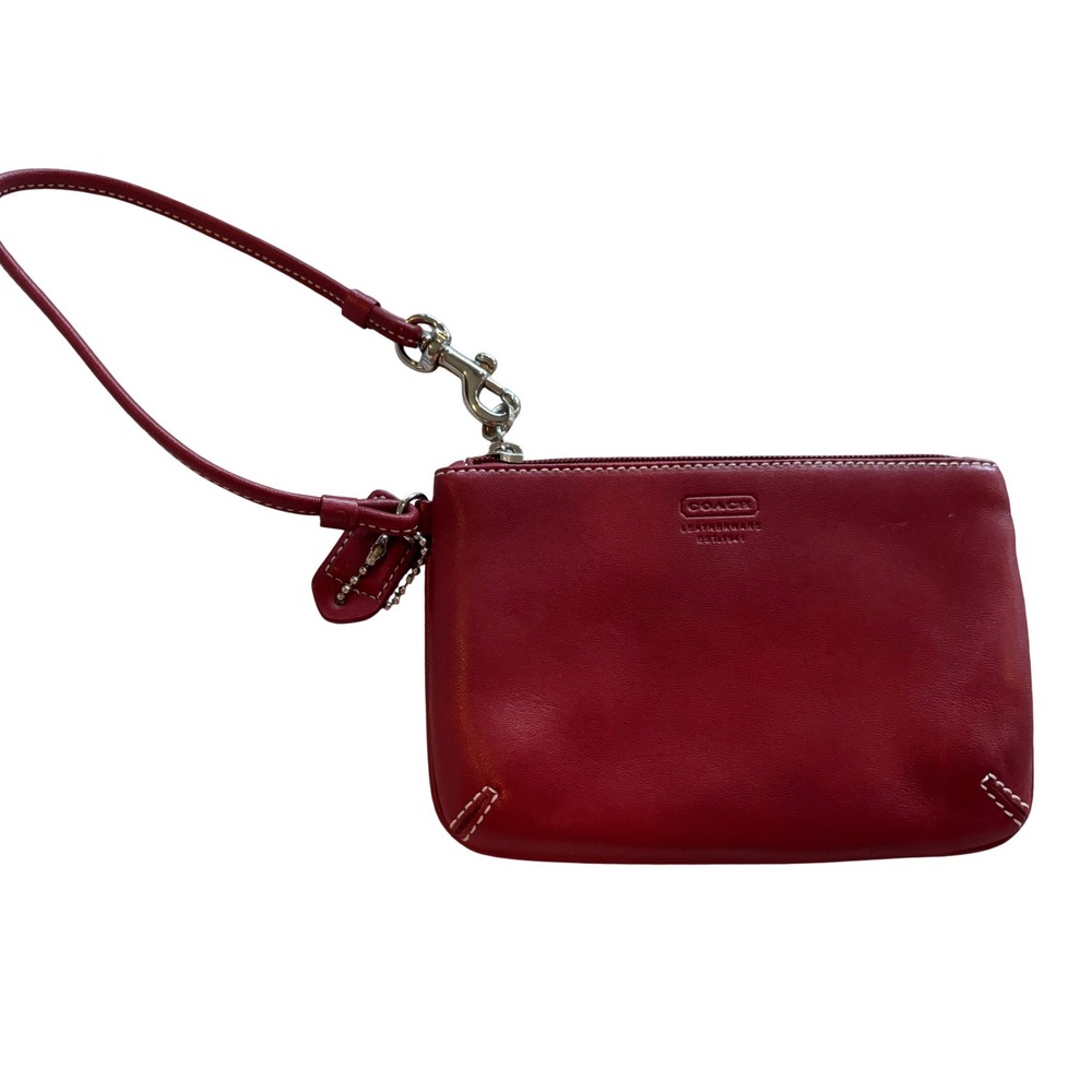 Coach Red Leather Wristlet Pouch Bag Silver Hardware Contrast Stitching